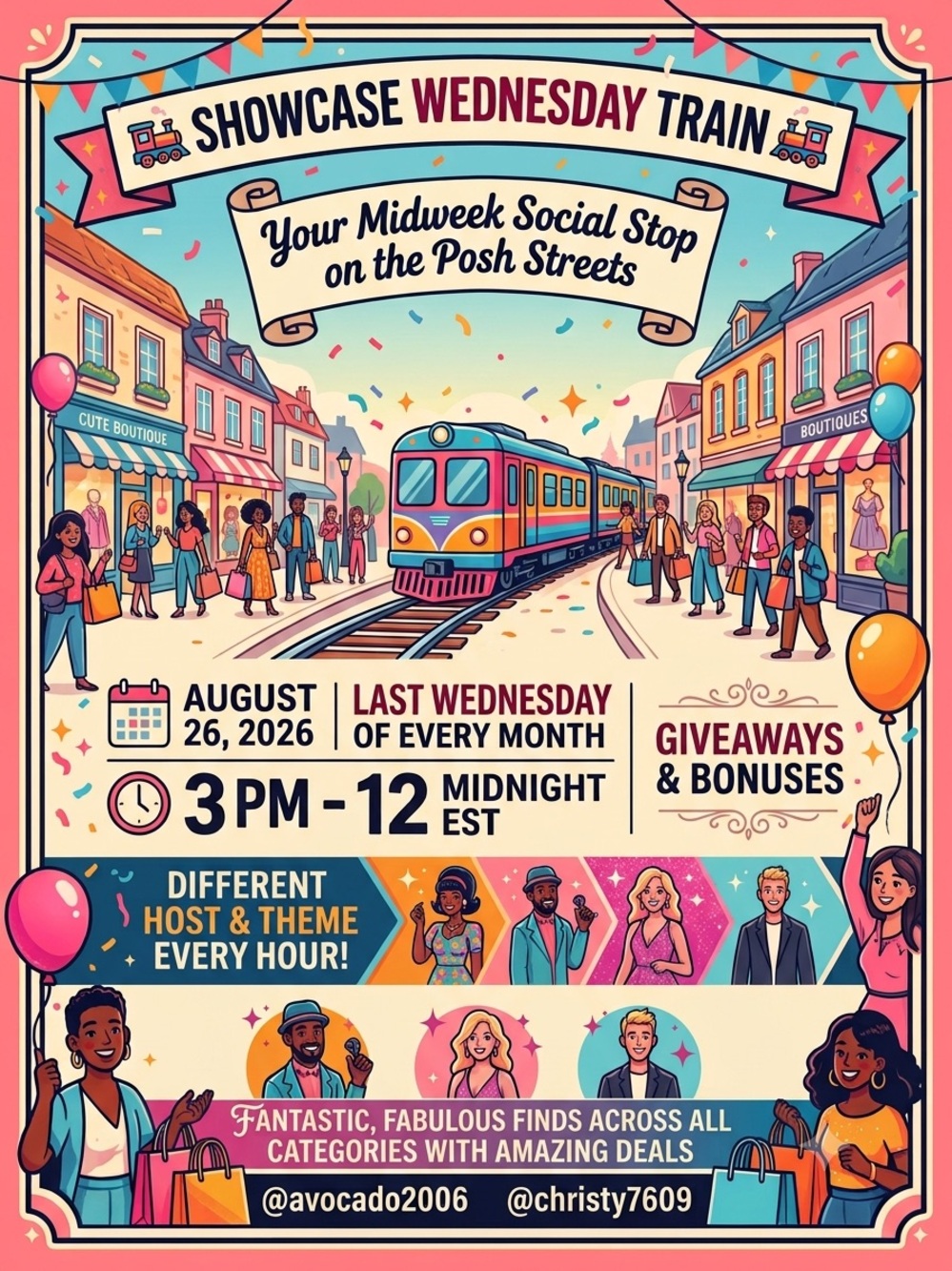 August 26th SHOWCASE WEDNESDAY Train Come JOIN US!! GIVEAWAYS & Great Items